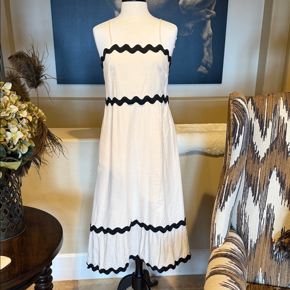 Cream Spaghetti-Strap Midi Dress with Black Trim